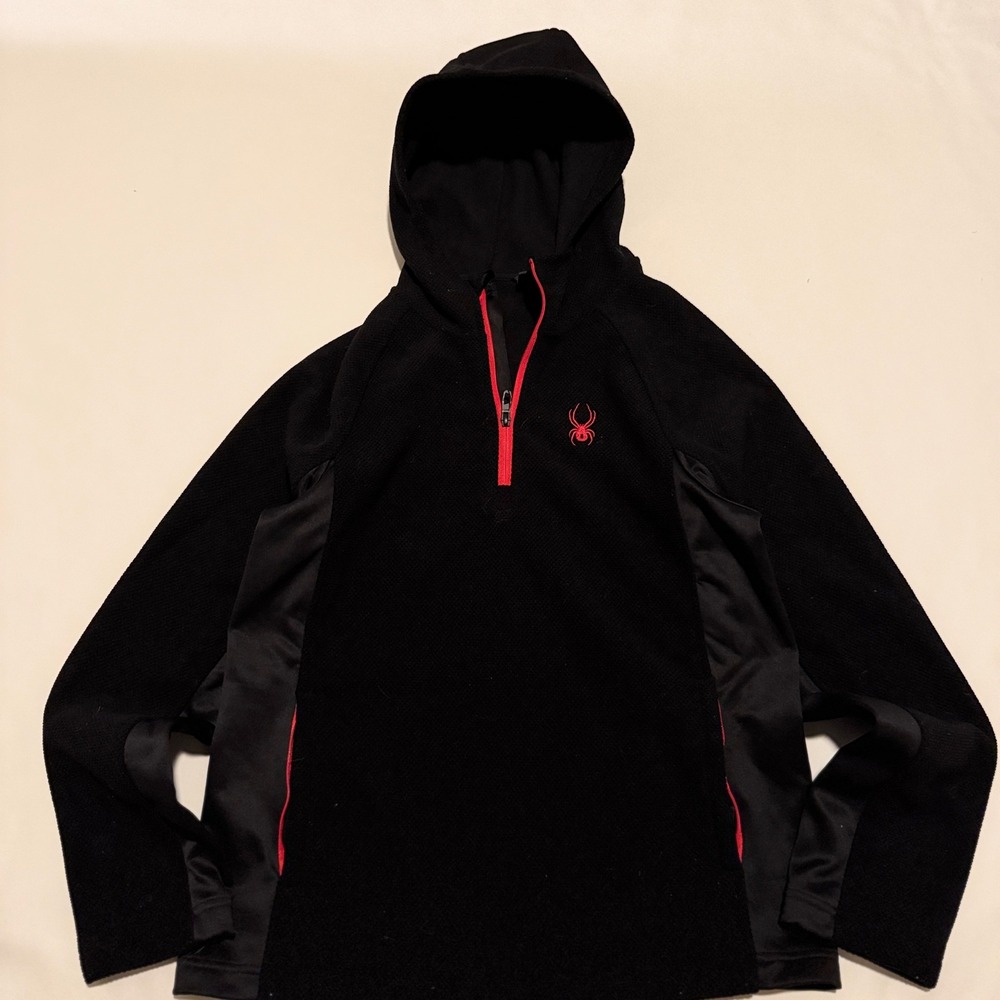 Spyder Fleece Hoodie Mens XL Black Red Quarter Zip Waffle Knit SPFFD183-001